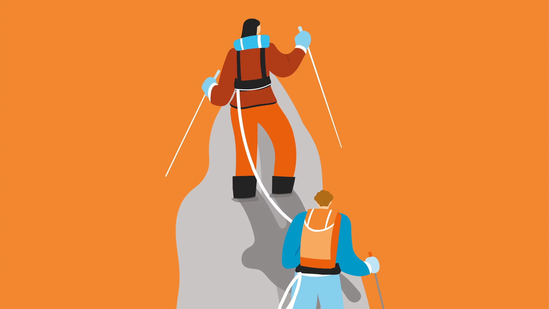 Illustration mit zwei bergseienden Personen auf orangem Hintergrund.