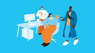 Illustration  mit 3 Menschen im Gespräch an einem Arbitsplatz