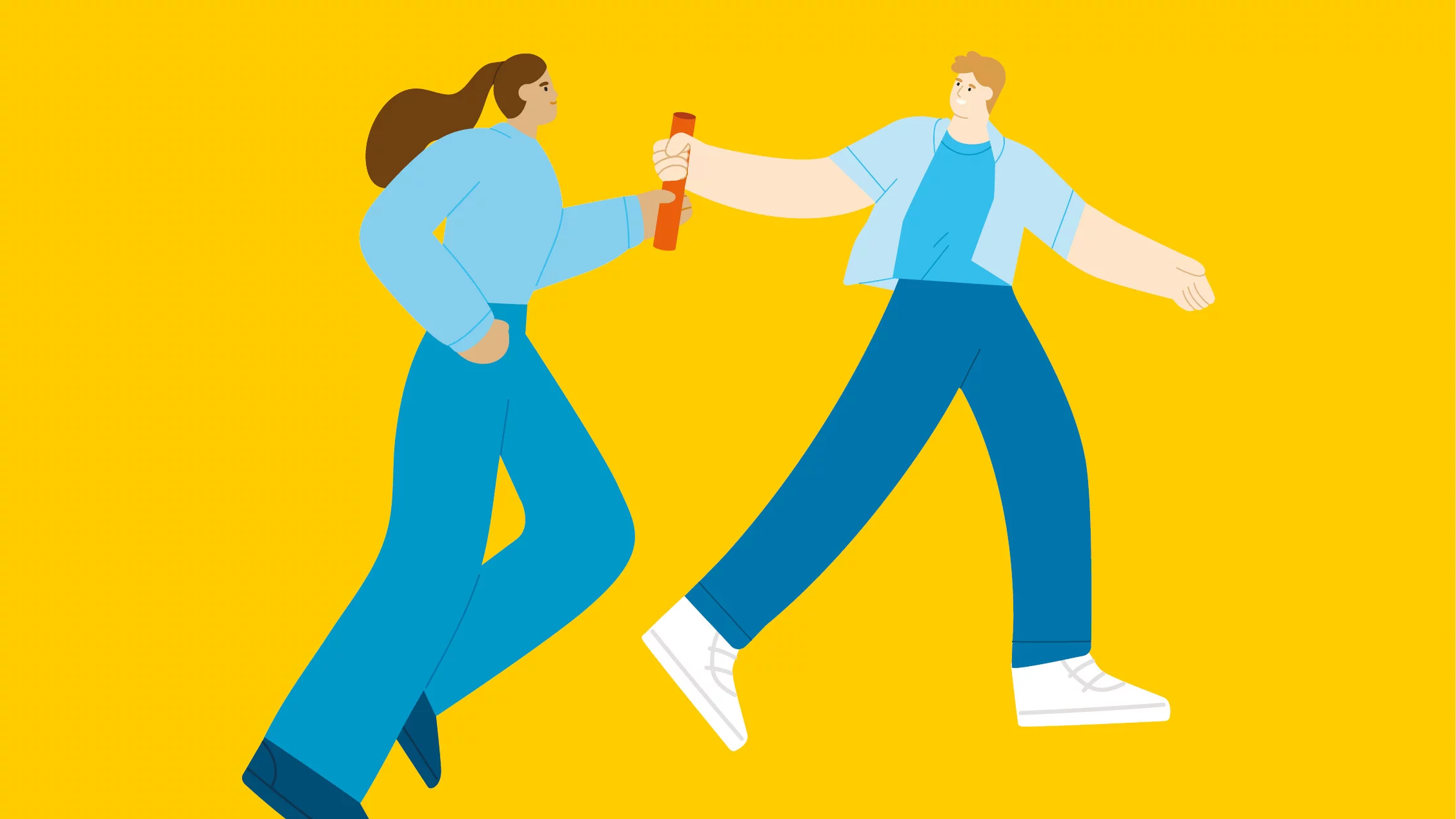Illustration mit zwei Personen an einer Staffette auf gelbem Hintergrund.