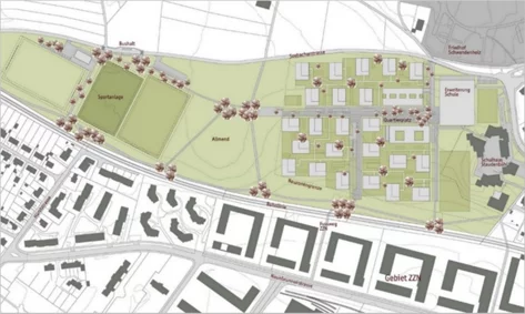 Visualisierung des Quartierplans mit möglichen Wohnhäusern und Rasensportfeldern