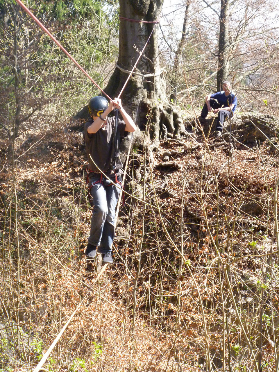 Person auf gespanntem Seil im Wald