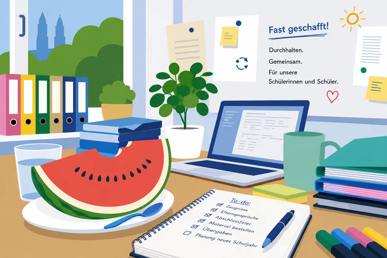 Illustration von einem Schreibtisch mit einem Wassermelonen-Schnitz