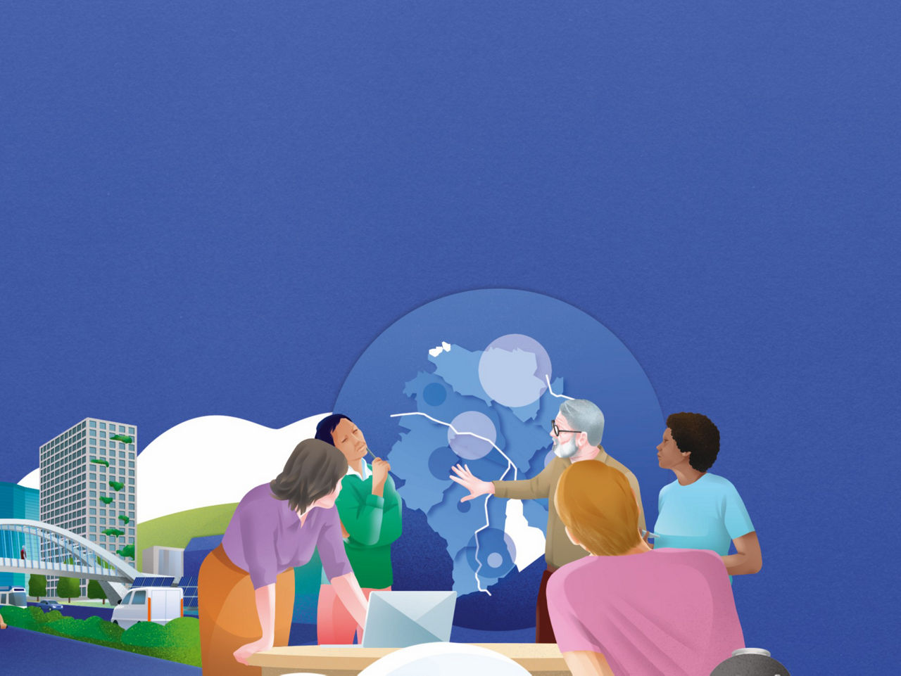 Illustration mit Menschen in Diskussion vor Bild der Stadt Zürich.