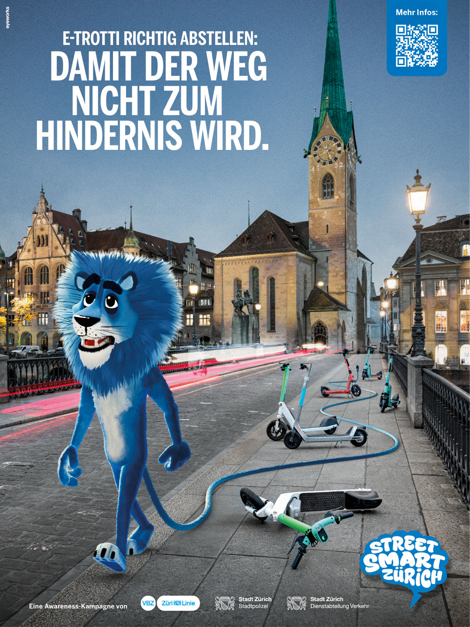 Der blaue Comic-Löwe Leo Sicuro schlängelt sich durch falsch abgestellte E-Trottinetts. 
