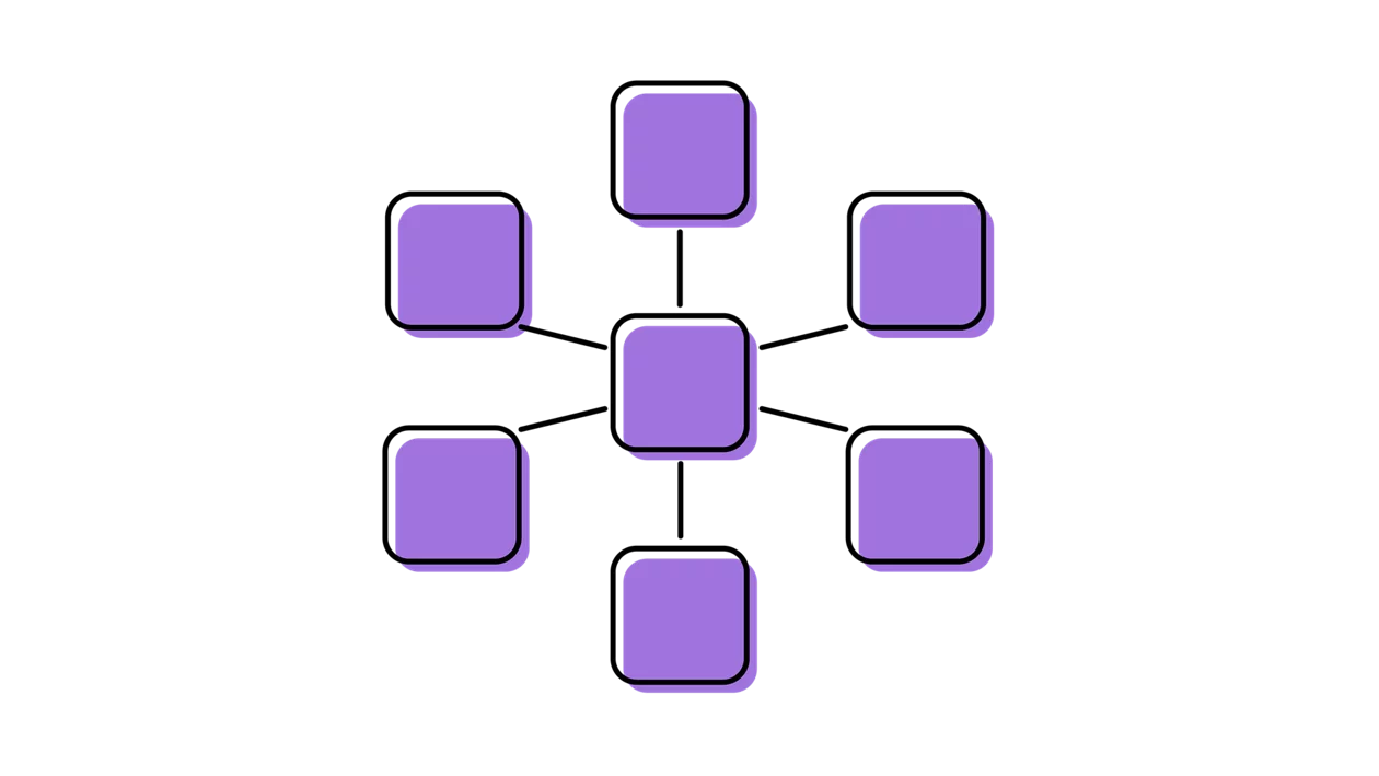 Violettes Icon zur Ebene Struktur: mehrere miteinander vernetzte Quadrate.