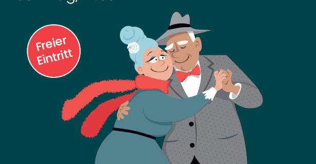 Karrikatut eines älteren Mannes und einer älteren Frau beim Tanzen