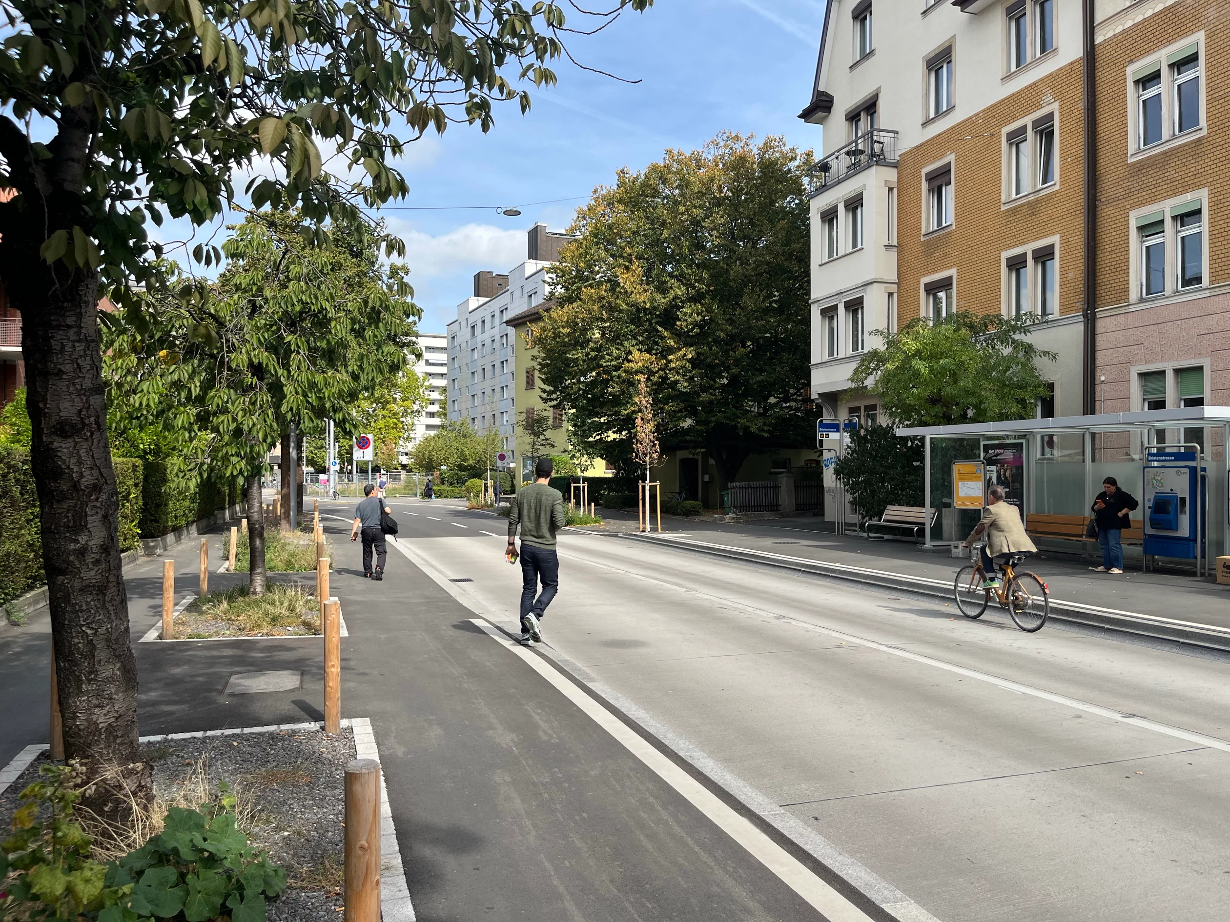 Altstetterstrasse mit Passant*innen und Bäumen