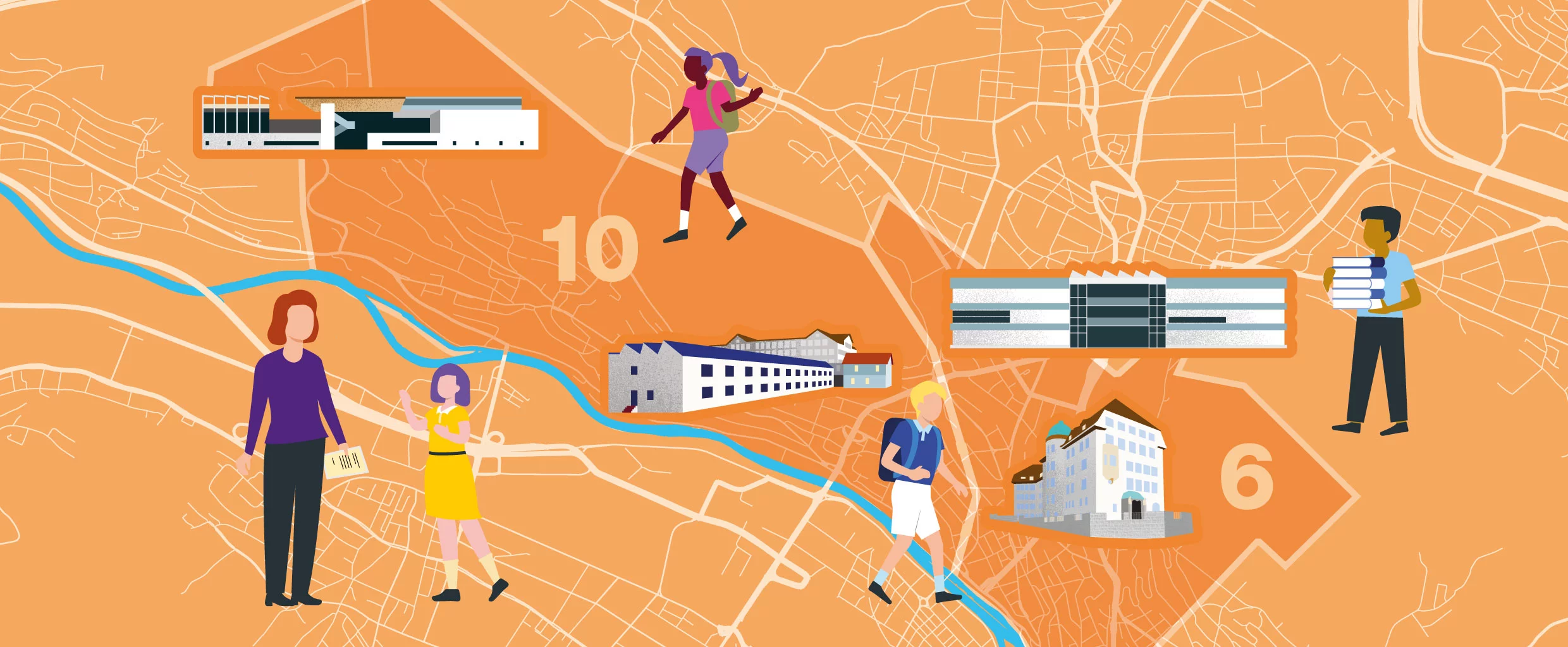 Illustration: Karte des Schulkreises Waidberg in Orange ergänzt mit Personen aus dem Schulumfeld und vier Schulhäusern