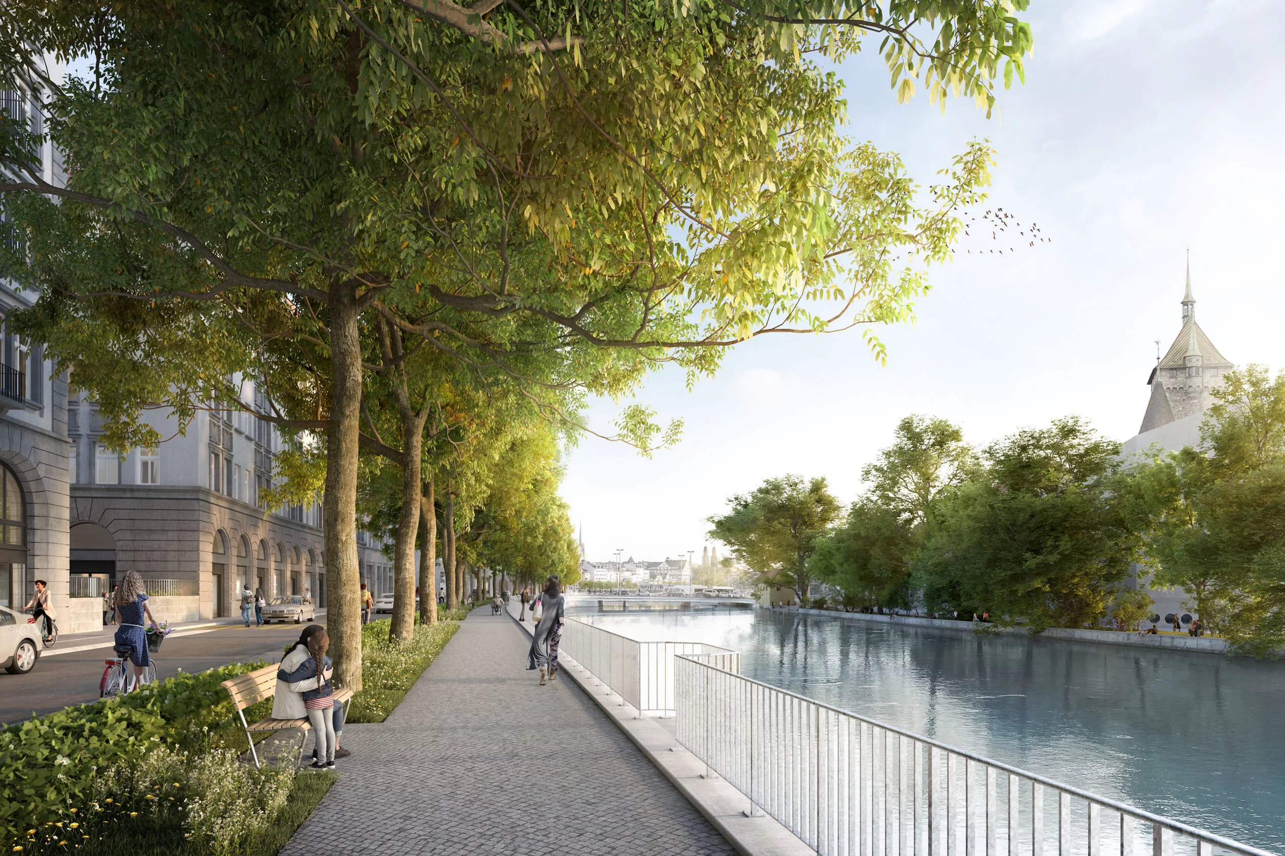 Mit einer neuen Bepflanzung und Sitzbänken wird das Trottoir zum attraktiven Aufenthaltsort aufgewertet. © maaars architektur