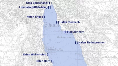 Auf dem Kartenausschnitt sind die Häfen mit Gästeplätzen markiert