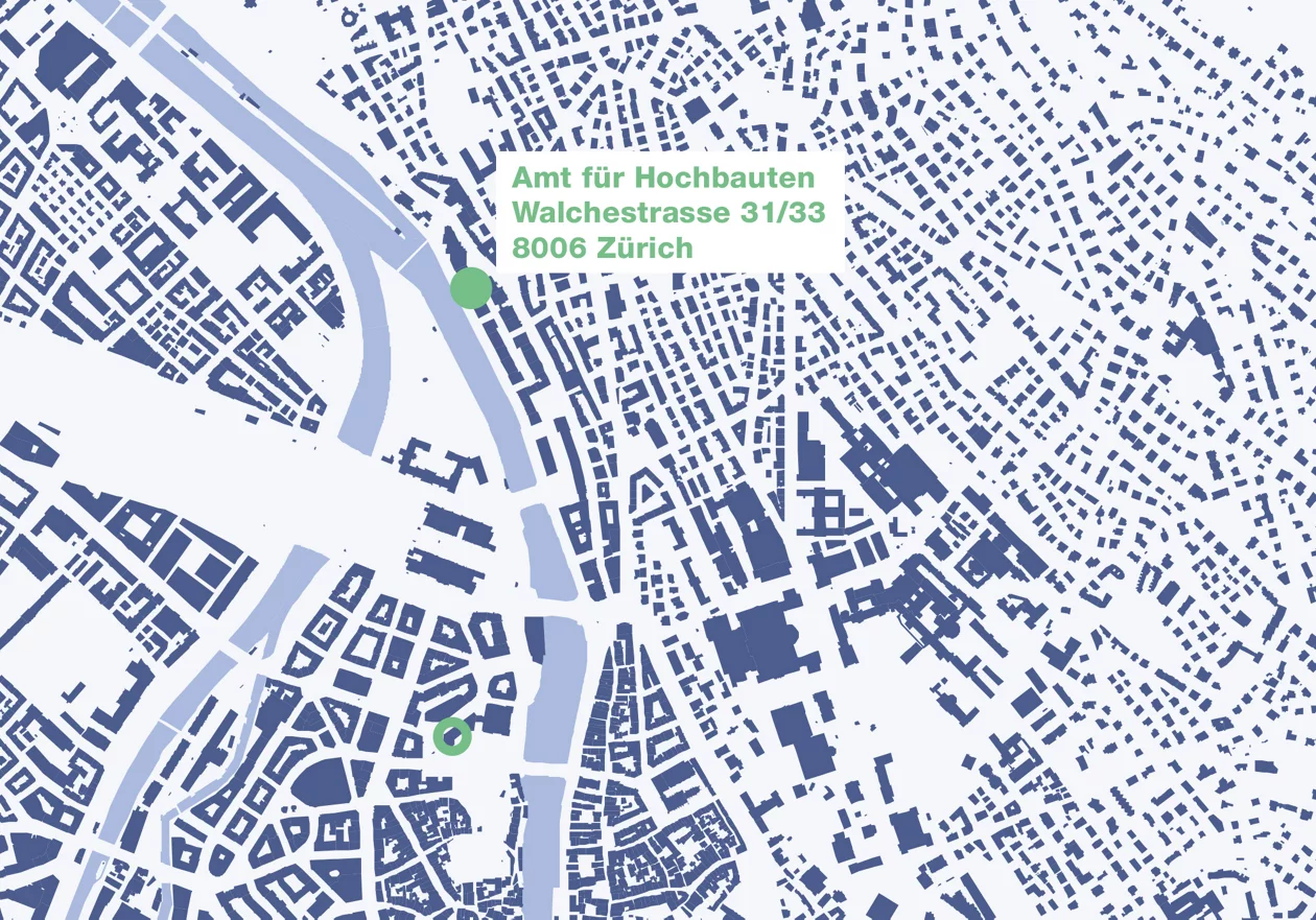 Karte mit eingezeichnetem neuen Standort an der Walchestrasse 31–33.