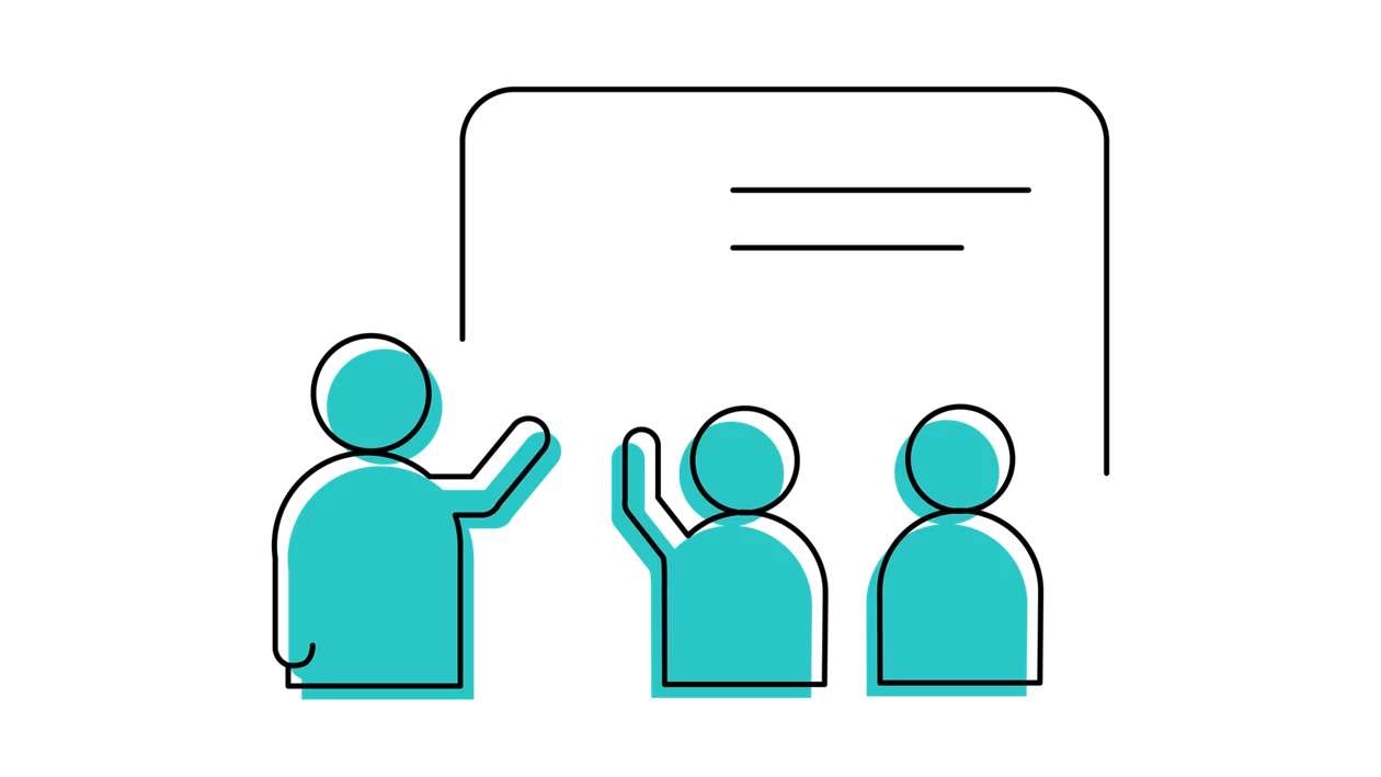 Petrolfarbenes Icon zur Ebene Unterricht: eine Lehrperson, die den Schüler*innen etwas an der Tafel zeigt und mit ihnen spricht.