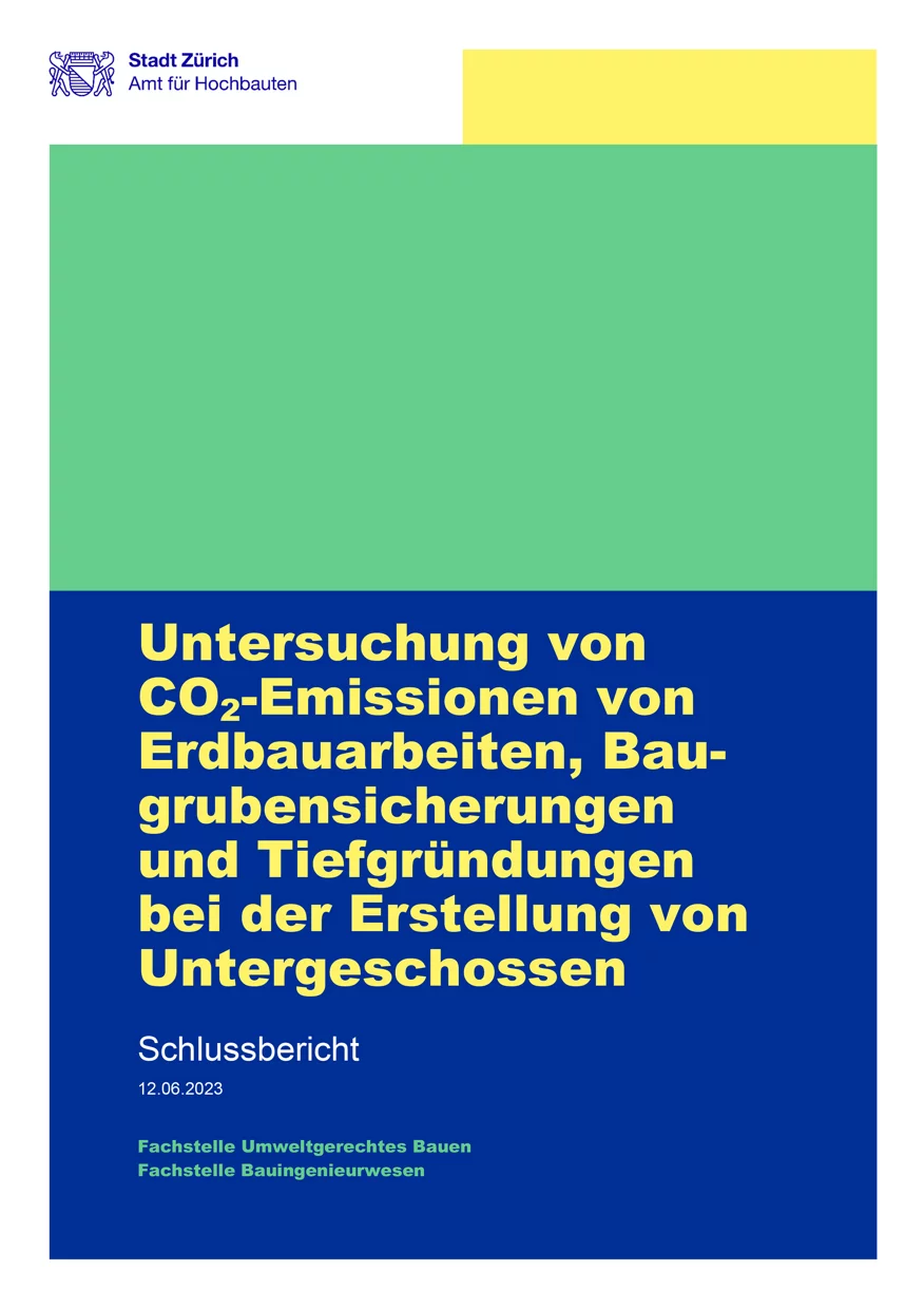 Titelseite Studie Untersuchung von CO2-Emissionen von Erdbauarbeiten, Baugrubensicherungen und Tiefgründungen bei der Erstellung von Untergeschossen