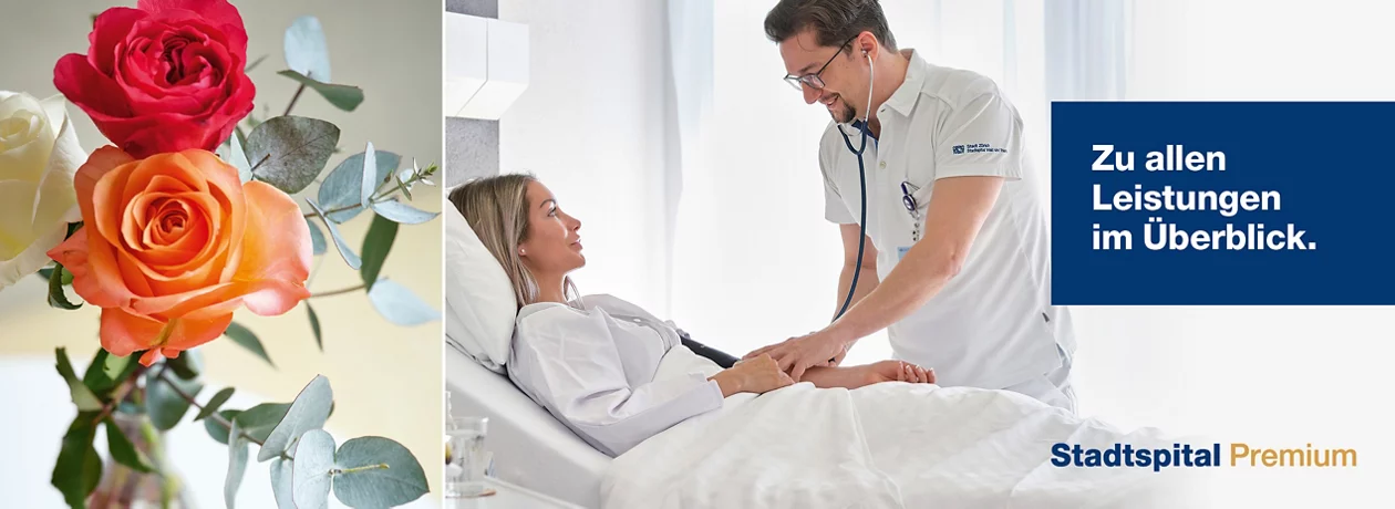 Dame im Bett, Pfleger zur Hilfe und Rosen am Bett