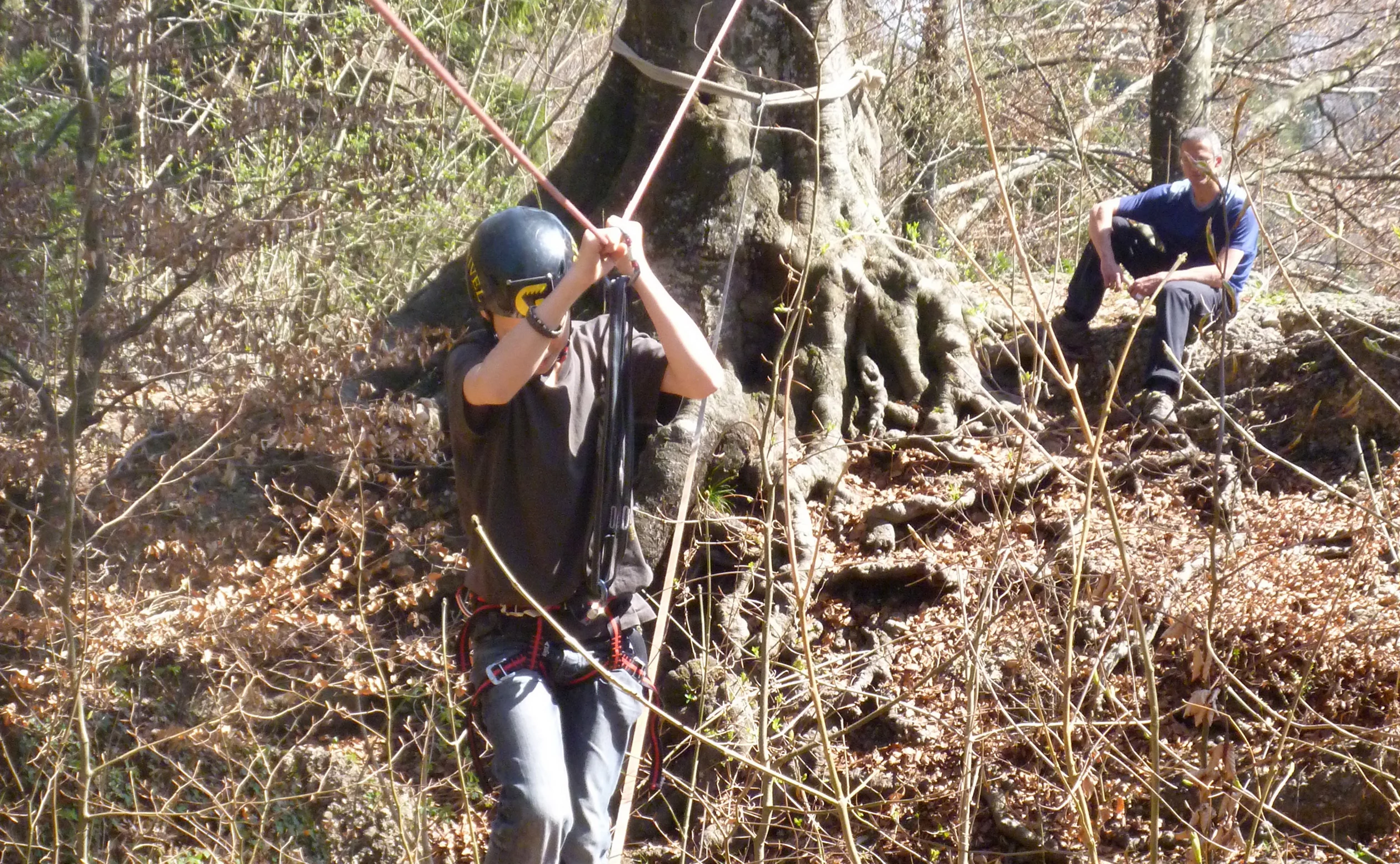 Person auf gespanntem Seil im Wald