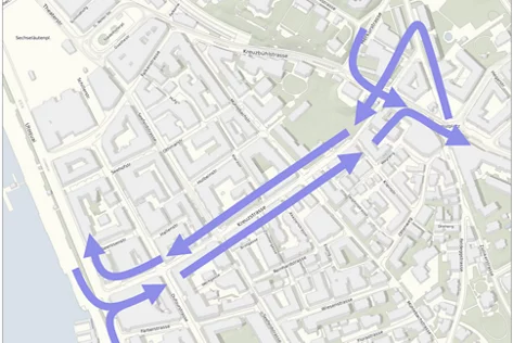 Pfeile auf Karte: Richtung Kreuzplatz und Richtung See auf Kreuzstrasse