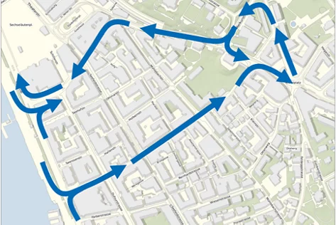 Pfeile auf Karte: Richtung Kreuzplatz auf Kreuzstrasse, Richtung See auf Falkenstrasse