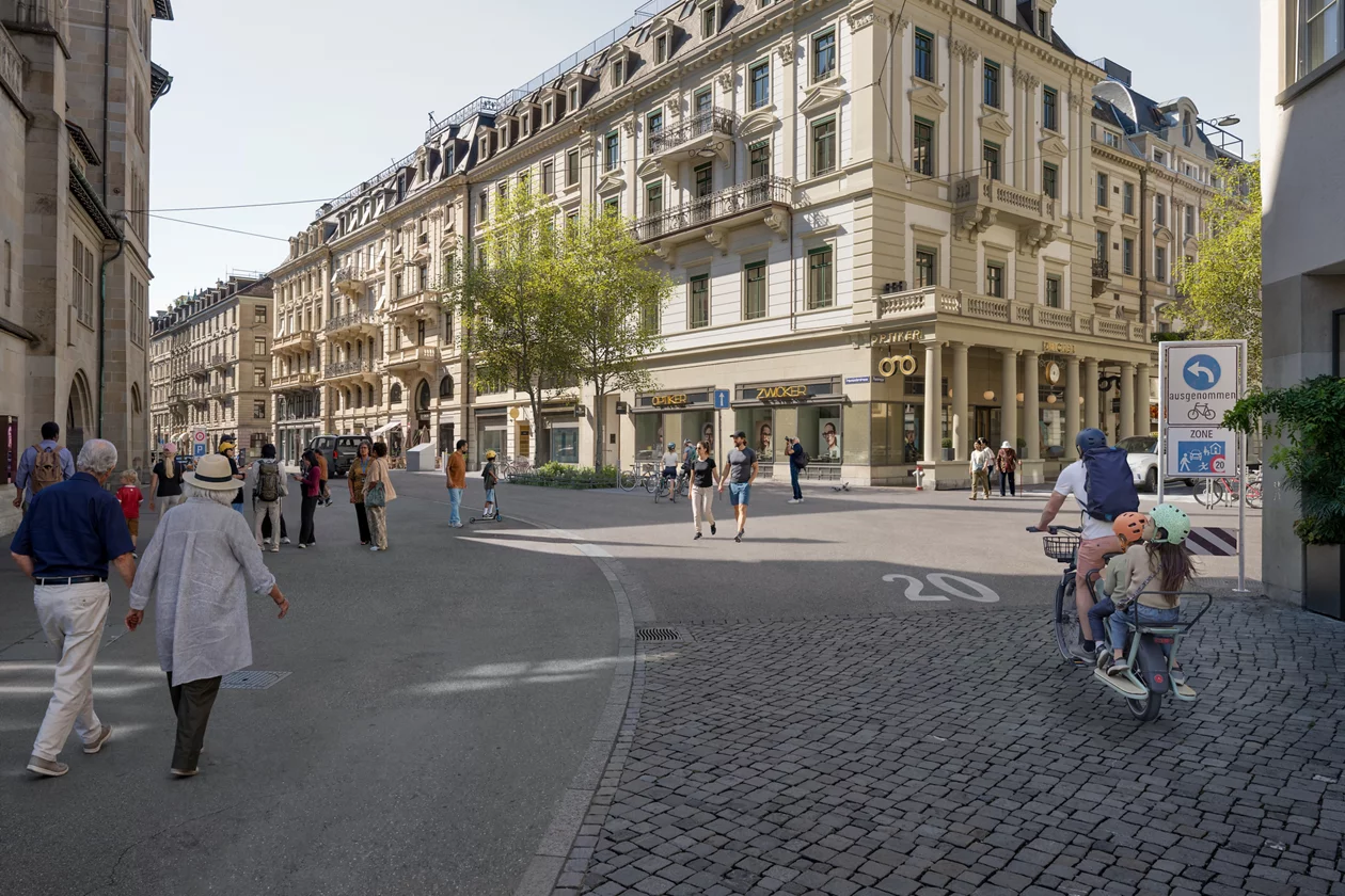 Visualisierung mit gepflästerter Strasse, Tempo 20 Schild, Velo, Fussgänger*innen