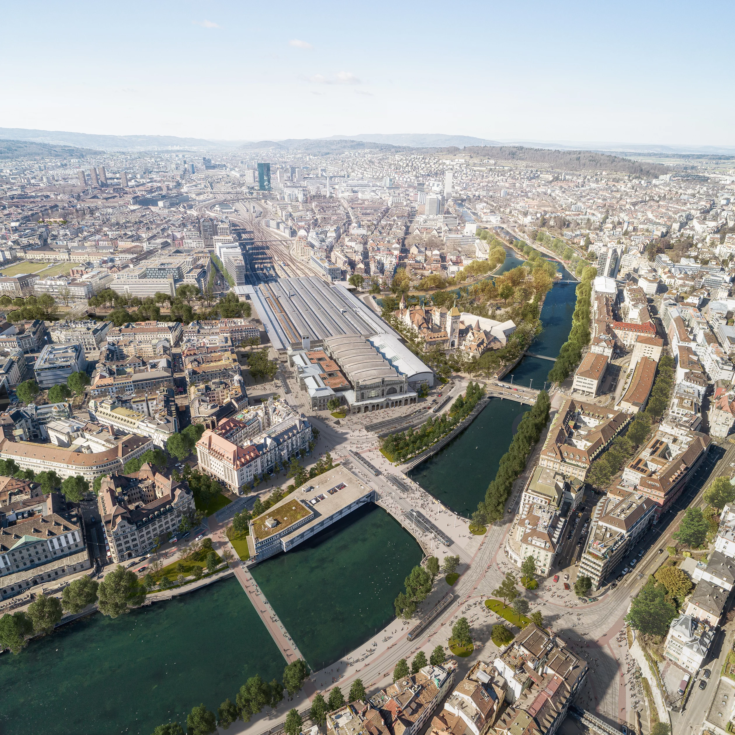Zukunftsbild Stadtraum HB 2050 aus der Luft