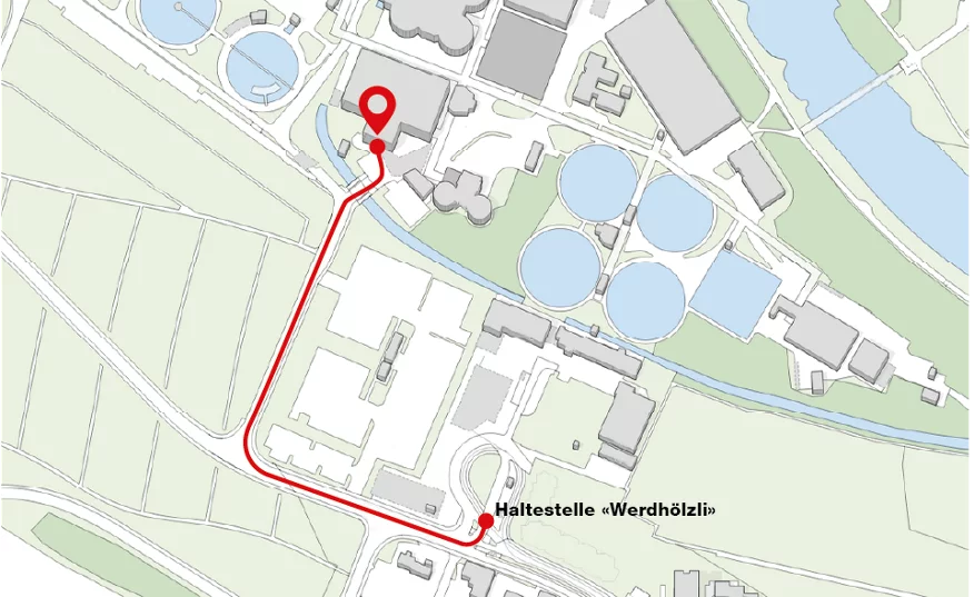 Karte mit eingezeichnetem Weg von der Haltestelle «Werdhölzli» zur ARA.