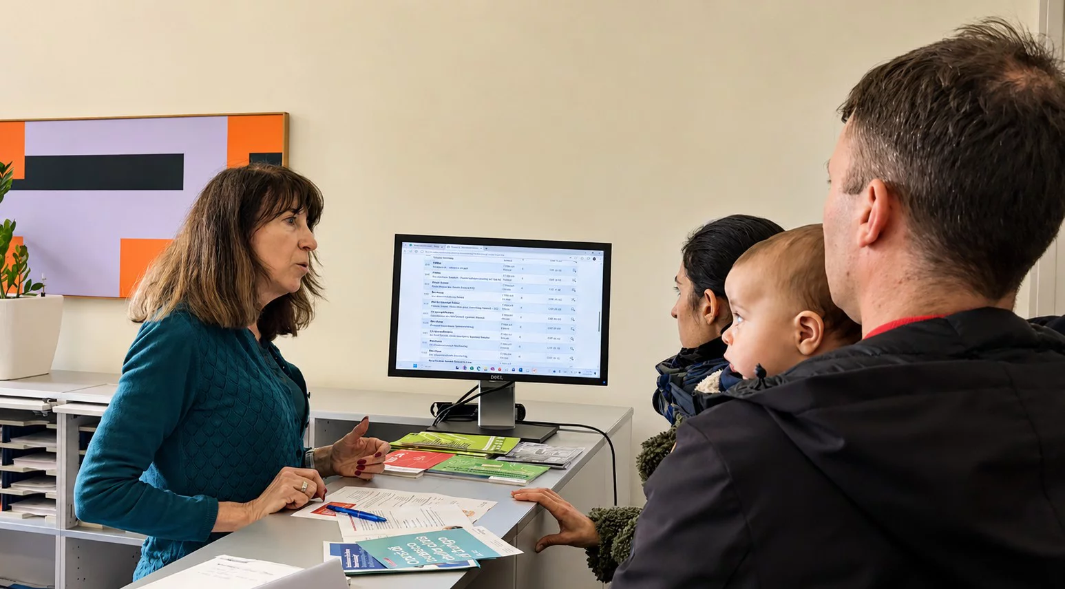 Am Welcome Desk im Stadthaus: Hinter dem Desk steht Cristiana Baldauf und spricht mit einem Paar. Der Vater hält ein Kleinkind auf dem Arm. 