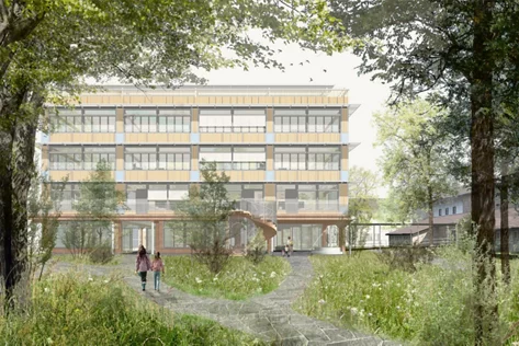 Visualisierung der Aussenansicht Schulanlage Luchswiesen