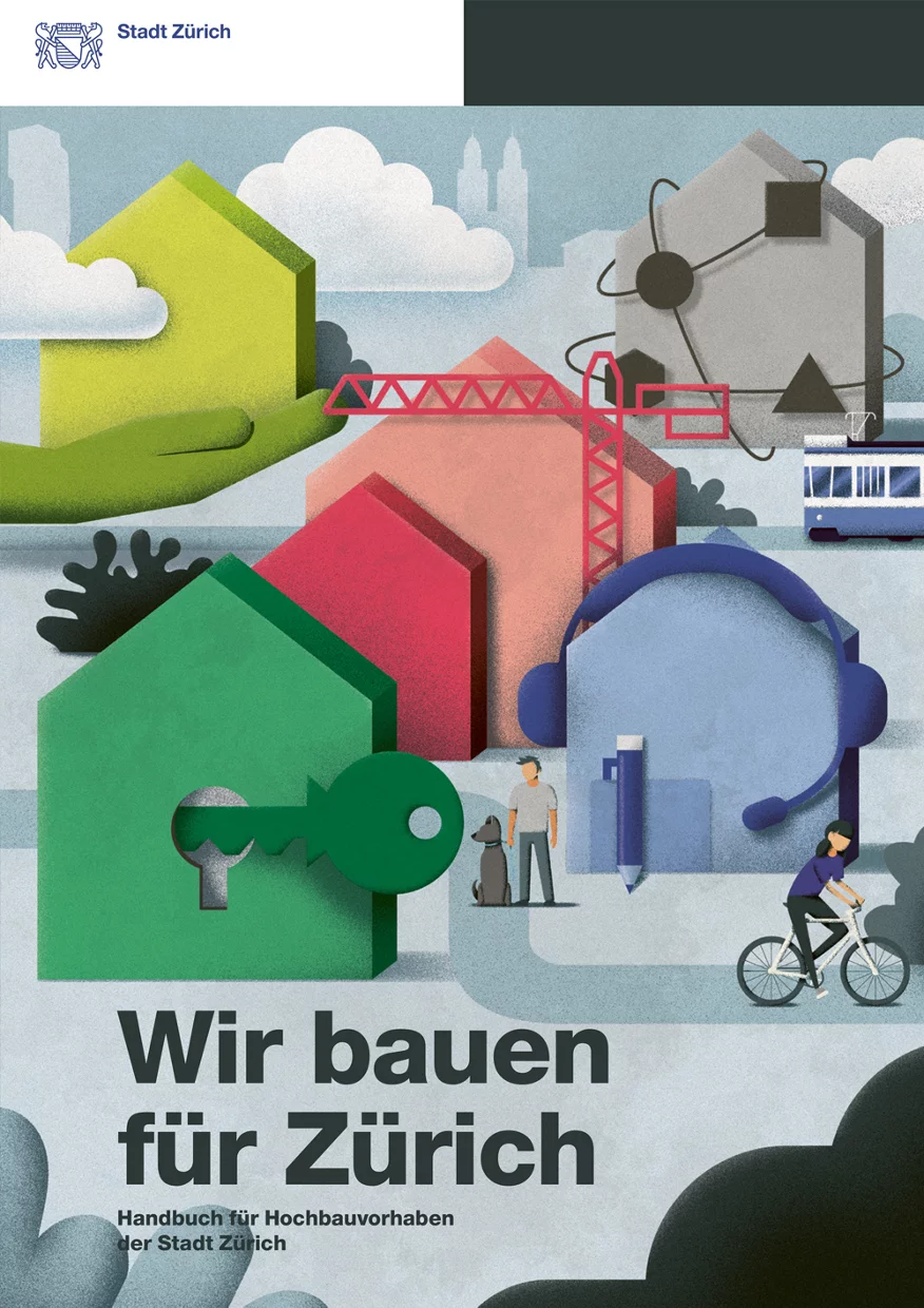 Titelseite Wir bauen für Zürich mit farbiger Illustration mit Gebäuden.