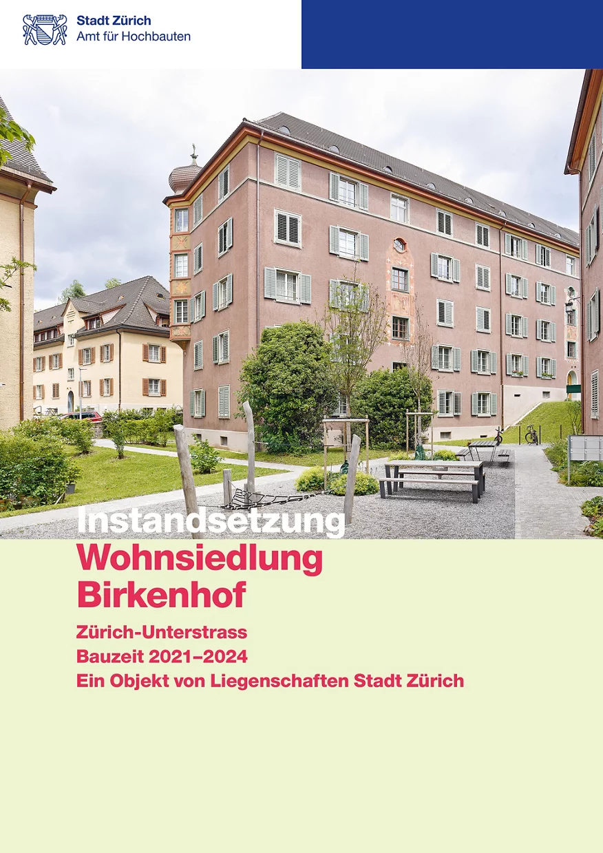 Titelseite Baudokumentation Instandsetzung Wohnsiedlung Birkenhof mit vielgestaltiger Architektur und Grünräumen.