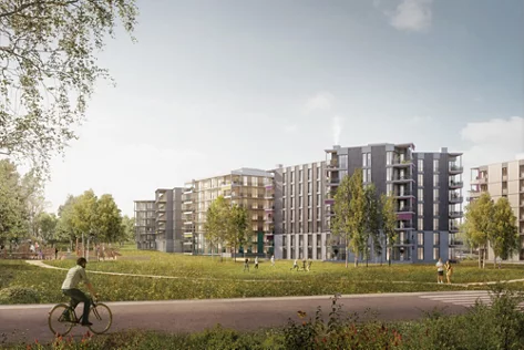 Visualisierung mit Blick über den Grünraum auf die Wohnsiedlung Harsplen.