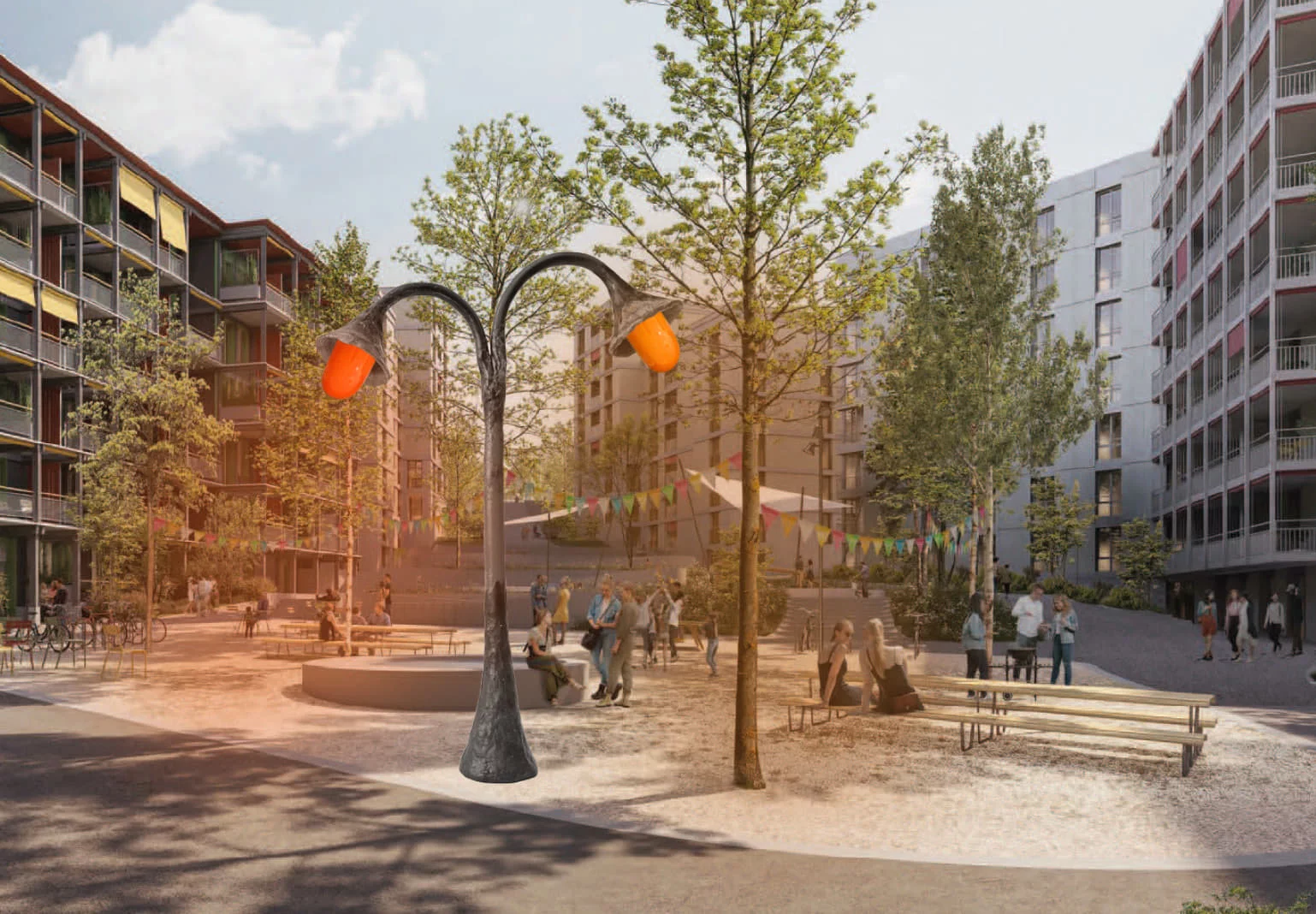 Visualisierung eines Innenhofs einer Wohnsieldung mit Bäumen, Brunnen, Tischen, Menschen und im Vordergrund eine Lampenskulptur