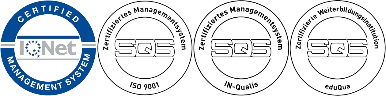 Abbildung der einzelnen Qualitätssiegel (v.l.n.r): Certified Management System IQNet, ISO 9001:2015, IN-Qualis:2018, eduQua:2012