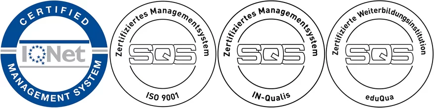 Abbildung der einzelnen Qualitätssiegel (v.l.n.r): Certified Management System IQNet, ISO 9001:2015, IN-Qualis:2018, eduQua:2012