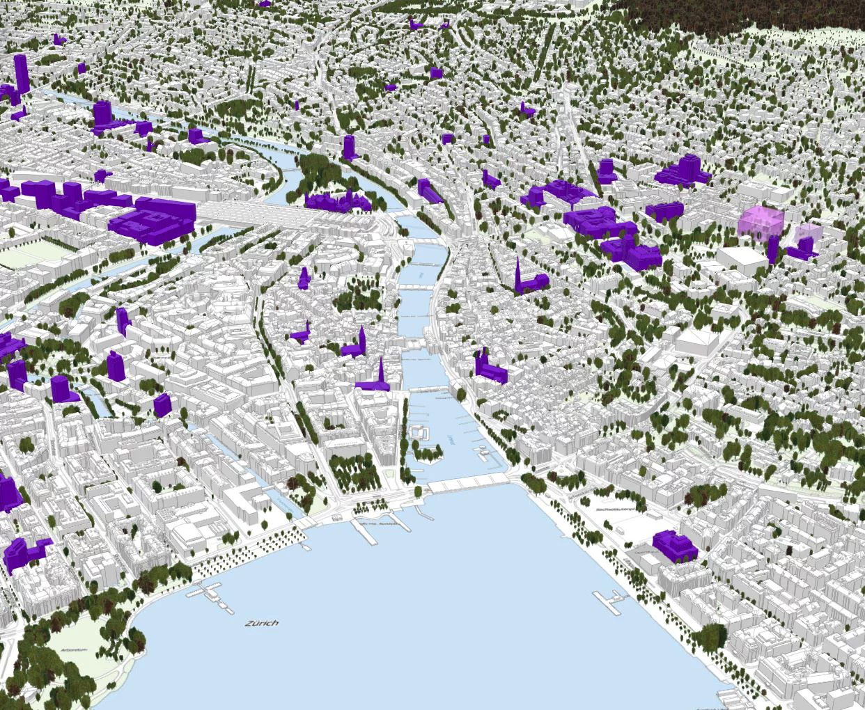 Ausschnitt aus der Applikation «Zürich 4D»: Blick auf das Stadtzentrum. Hochhäuser in violett.