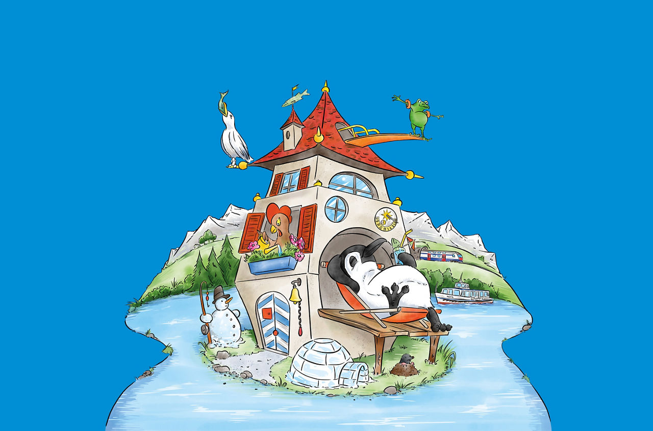 Eine Illustration mit Ringo, einem fröhlichen Pinguin, im Mittelpunkt. Er befindet sich auf einer kleinen, bunten Insel, die von Wasser umgeben ist. Auf der Insel steht ein verspieltes Haus mit einem roten Dach und vielen Details, wie einem Mädchen am Fenster und weiteren Tieren, darunter ein Papagei und eine Möwe. Im Vordergrund entspannt Ringo auf einer Hängematte. Umgeben wird die Szene von schneebedeckten Bergen und einem blauen Himmel, was der Illustration eine lebendige und freundliche Atmosphäre verleiht.