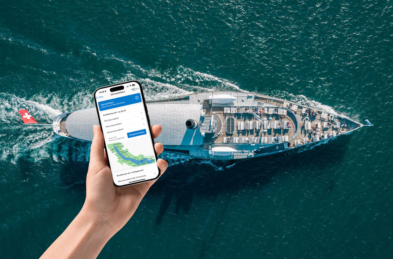 Schiff in Vogelperspektive mit ZVV App davor