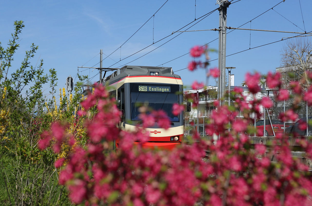 Die Forchbahn von aussen auf einer Fahrt Richtung Esslingen