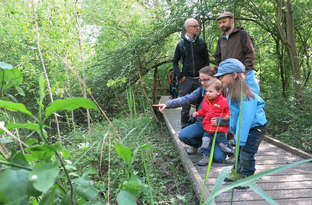 Eine Familie beobachtet Pflanzen im Naturzentrum Thurauen in Flaach.